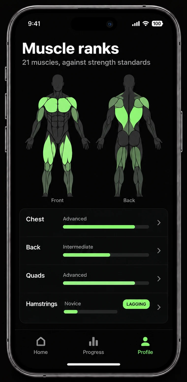 The muscle ranks screen: front and back body maps with the trained muscles lit in green, above a list giving chest advanced, back intermediate, quads advanced and hamstrings novice, with hamstrings flagged as lagging.