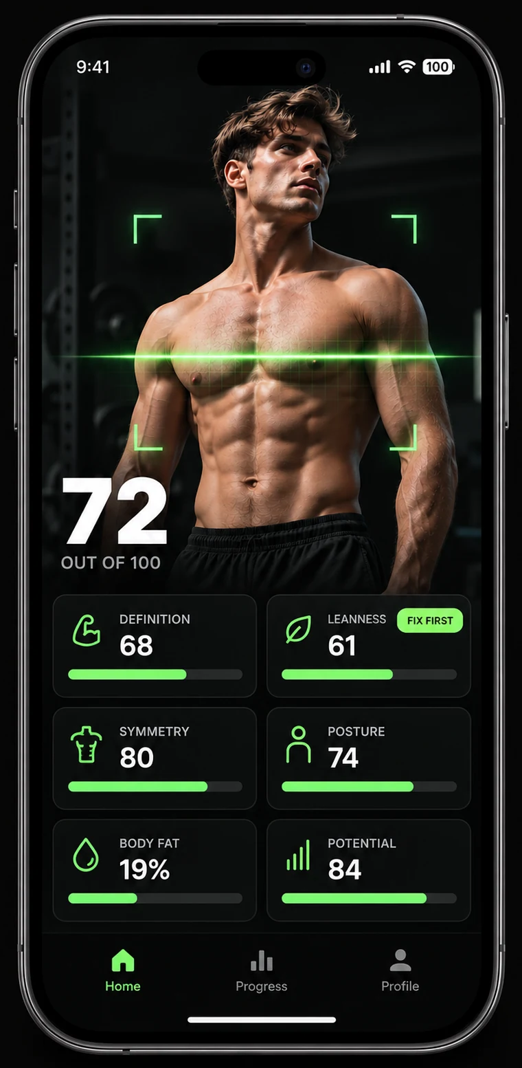 The scan result screen: a photo of a lean athletic man framed by green scan brackets, a Form Score of 72 out of 100, and definition 68, leanness 61, symmetry 80, posture 74, body fat 19% and potential 84 below it, with leanness marked “fix first”.