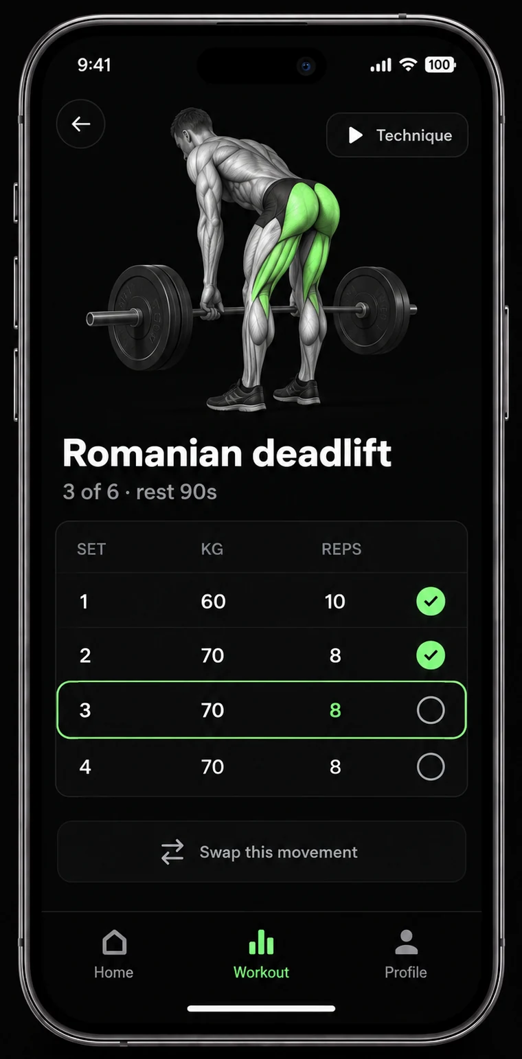 A Romanian deadlift in progress: an anatomical render with the hamstrings and glutes highlighted, a Technique button, and a set table showing 60kg for 10 and 70kg for 8 completed, the third set active.