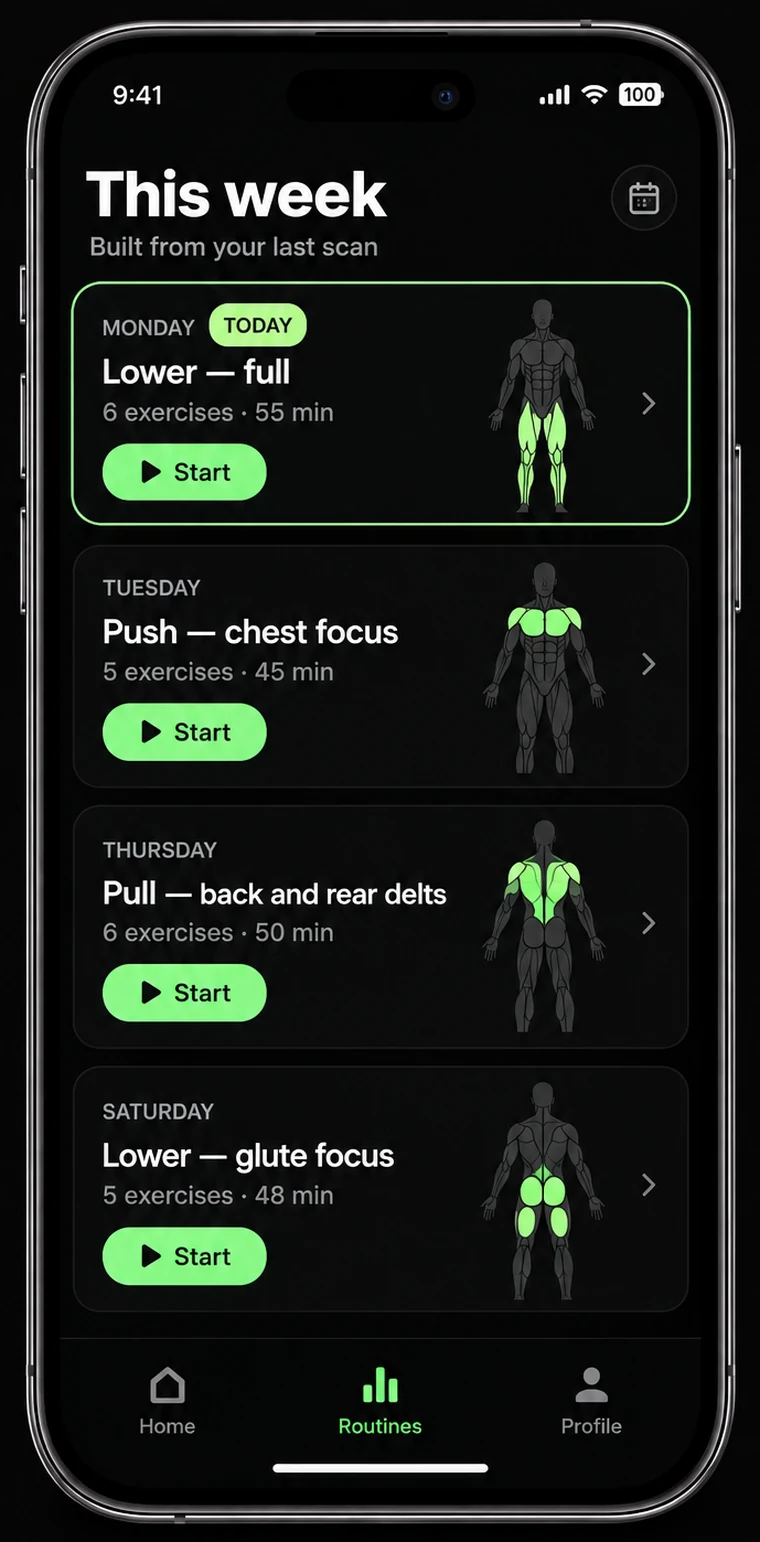 The week screen, headed “This week — built from your last scan”: four routine cards for Monday, Tuesday, Thursday and Saturday, each with its exercise count, duration, a body map of the muscles it loads and a Start button. Monday is marked Today.