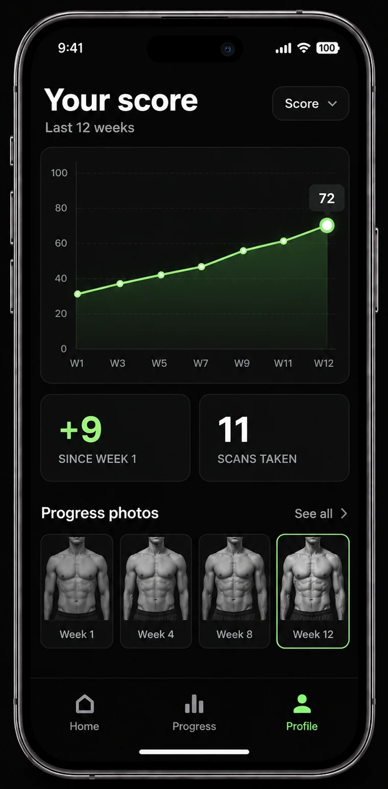 The progress screen: a twelve-week line chart of the Form Score rising to 72, with +9 since week 1 and 11 scans taken, above a row of progress photo thumbnails from week 1 to week 12.