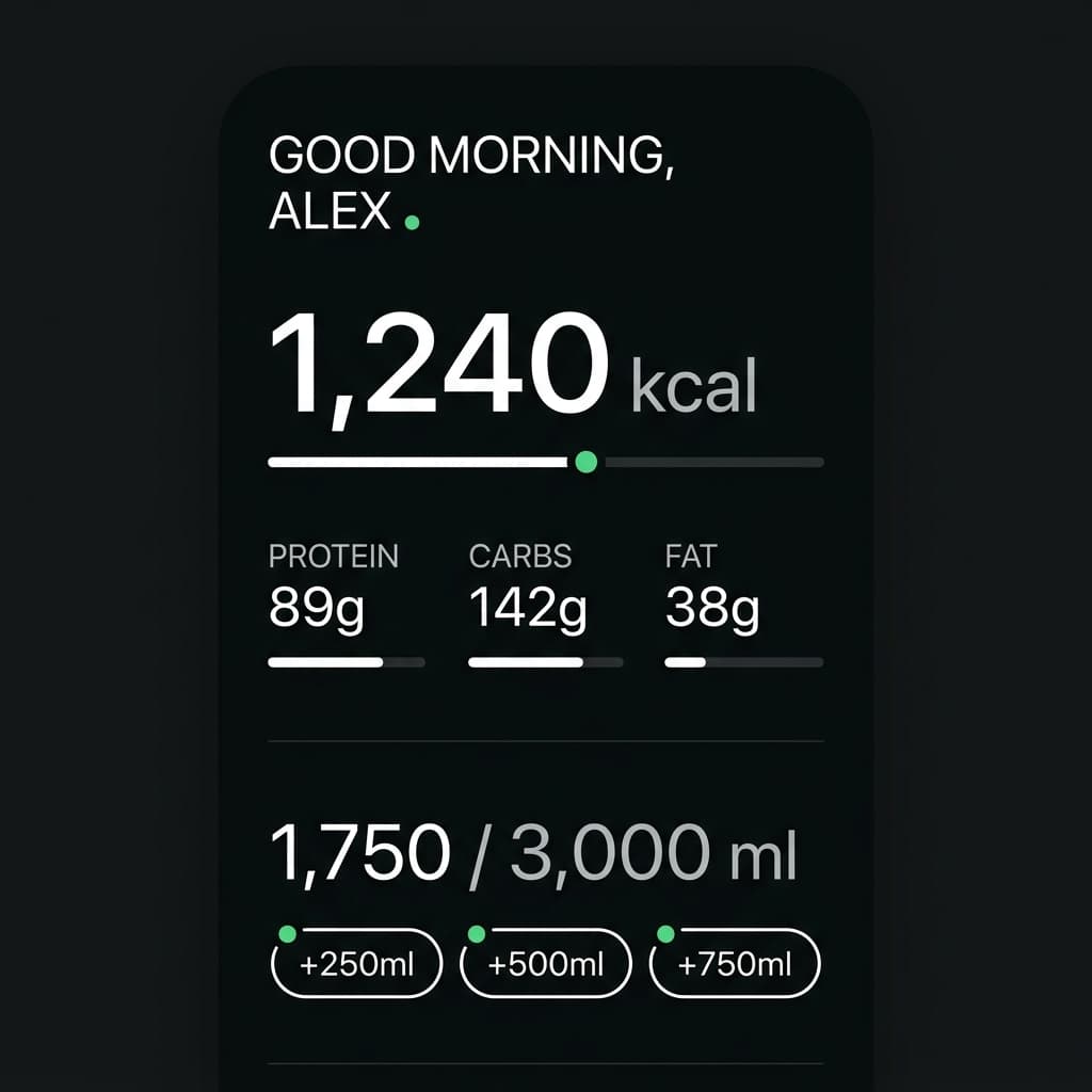 Dashboard with calories, macros, and hydration tracking